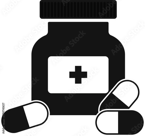 Black bottle with white cross symbol. Pill and capsule