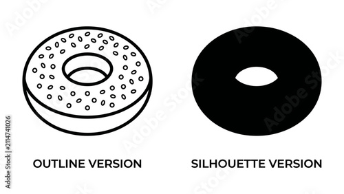 Принти на полотні Bagel Outline and Silhouette: Two graphic representations of a bagel, one in outline with sprinkles and the other as a solid black silhouette, offering versatility for design needs