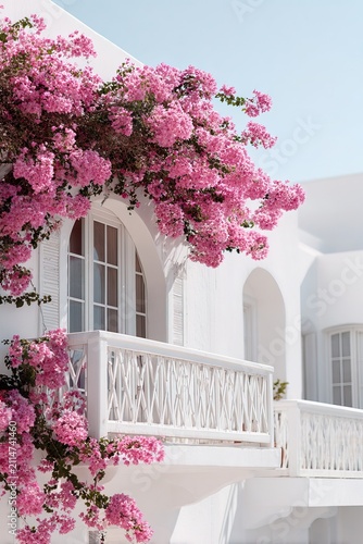Vertical photo white Mediterranean hotel facade decorated with pink flowers. summer travel, luxury hospitality, coastal lifestyle. Ideal for tourism promotion, travel blogs, vacation branding