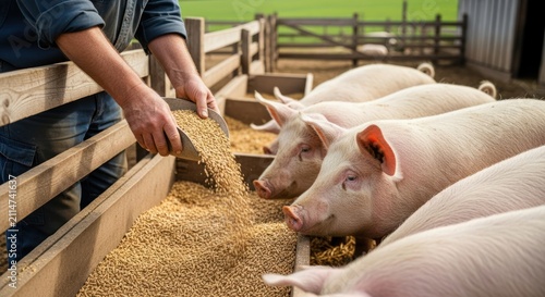 Farmer feeding pigs in a pen with dry feed.