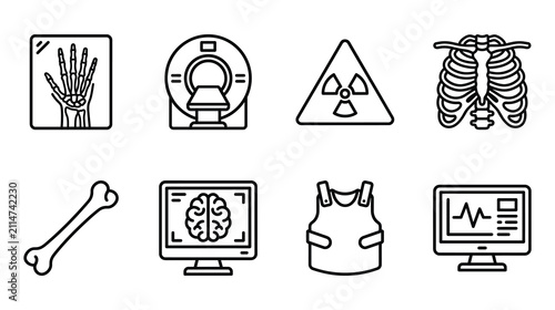 Medical imaging and diagnostic equipment icon set featuring xray scanner radiation sign skeleton bone brain vest heart monitor diagnostic radiation