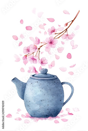 A small blue tea pot is placed on a white surface. Cherry blossom petals float around it, creating a lively scene of spring. The tea pot is detailed and features a round shape