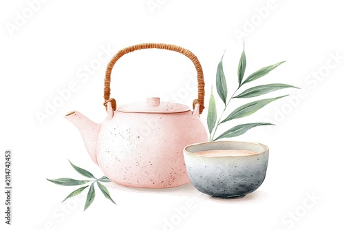A tea pot sits next to a tea cup on a white surface. Green leaves are arranged nearby. The setting is simple with no distractions in sight