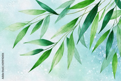 Watercolor postcard bamboo leaves gently swaying in the wind with subtle Zen tones with copy space. Perfect for meditation themes, wellness branding, greeting cards, Asian inspired design