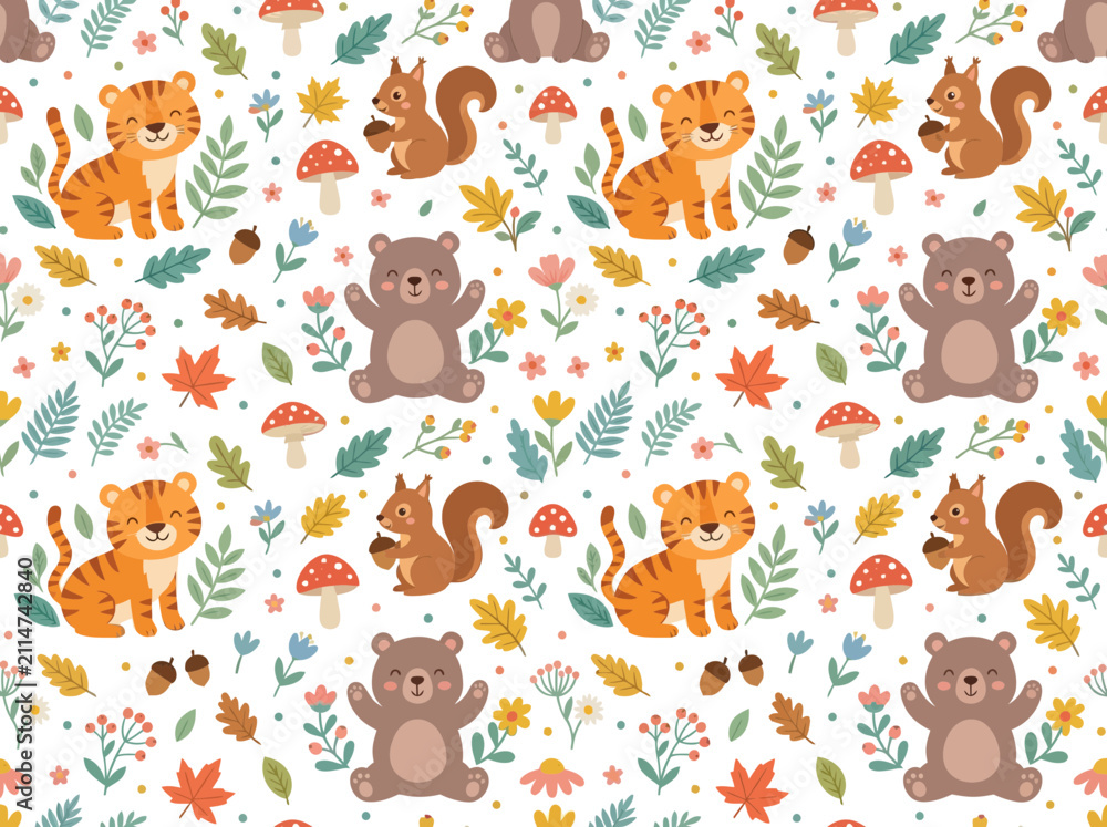Naklejka premium Cute seamless pattern with cartoon forest animals, autumn leaves, and mushrooms on a white background.