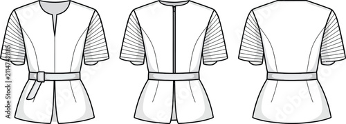Foto Technical fashion sketch of a short sleeve belted tunic top with front zipper an