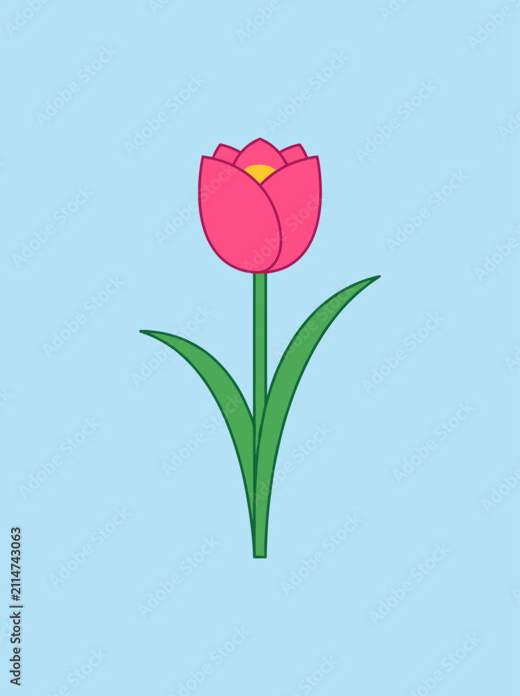 Obraz premium Simple flat line vector drawing of single pink tulip flower with green stem and two leaves against solid light blue clean minimal backdrop