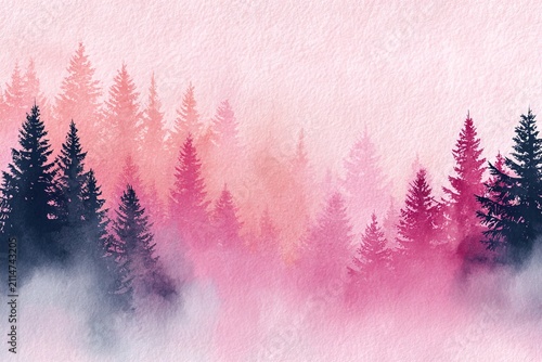 Elegant watercolor illustration of pine woodland landscape with subtle northern light and atmospheric color transitions. Ideal for stationery, posters, wellness branding, scenic decorative prints