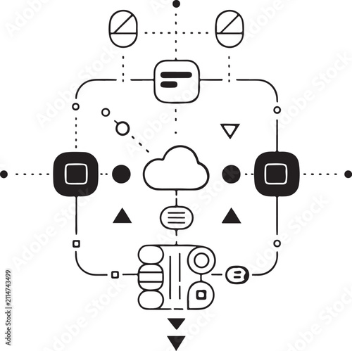Abstract AI Cloud Computing and Digital Network Line Art Technology Icon with Automation and Data Flow