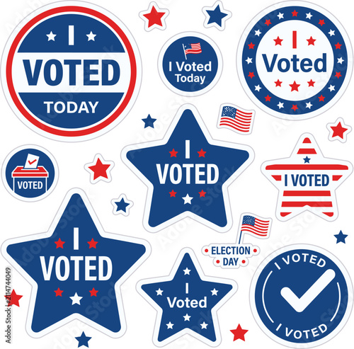 Collection of I Voted stickers and election day badges in patriotic American red white and blue design