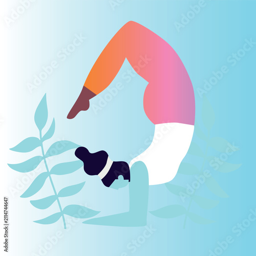 Art & Illustration Woman exercising yoga. Woman practicing asana. Relaxing environment. Concept of meditation. Cartoon flat style. Vector