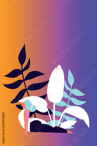 Art & Illustration Woman exercising yoga. Woman practicing asana. Relaxing environment. Concept of meditation. Cartoon flat style. Vector