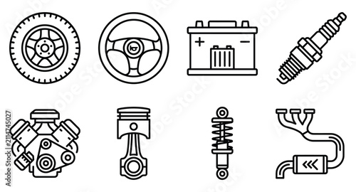 Automotive parts and car maintenance line art icons with automotive maintenance steering suspension transport mechanical component technical
