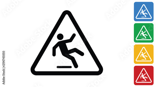 Slippery floor caution sign depicted as a professional vector graphic illustration featuring a falling stick figure in triangular colored frames