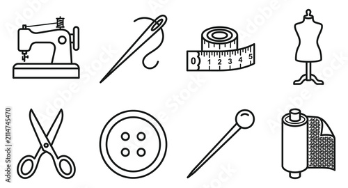 Konstfotografi Sewing and tailoring equipment icon set with tailoring mannequin scissors dressm