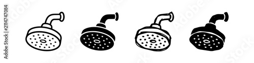 Fotografía Set of four showerhead icons in various styles including outline, solid, and hand-drawn versions