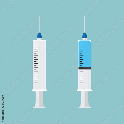 Two syringes stand side by side. One empty, one filled with blue liquid.
