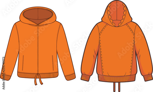 Professional fashion flat sketch of an orange zip-up hoodie featuring a hood and ribbed hem for apparel design