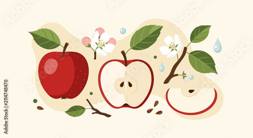 Quadro su tela Red apple harvest set with blossoms and green leaves