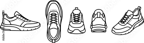 Set of five minimalist sneaker line art icons showing a shoe from side, top, front, back, and perspective views. Modern footwear design vector isolated on a white background