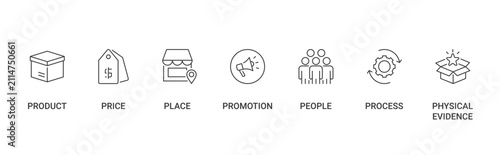 7 P of Marketing Mix icon set containing product, price, place, promotion, people, process and physical evidence vector concept illustration