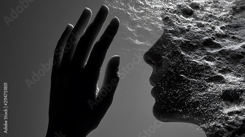 Prompt: An avant-garde conceptual portrait. A stark black silhouette of a hand profile is double-exposed with a detailed landscape of fine lunar dust (regolith) marked by microscopic asteroid 