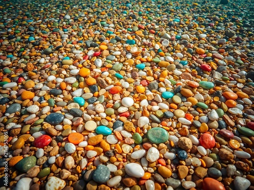 Vibrant pebbles scattered across the seafloor, serene, underwater