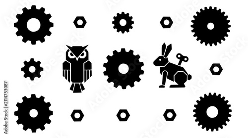 Cuadro en lienzo Mechanical owl and wind-up rabbit with gears in a schematic pattern