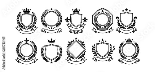 Heraldic shield and crest collection. Vintage emblem set with laurel wreaths and ribbons.