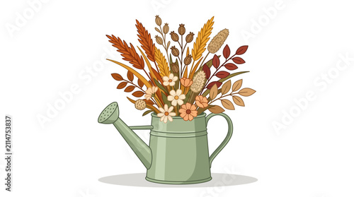 Rustic green watering can filled with autumn leaves and fall flowers
