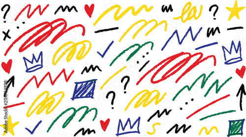 Abstract scribbles and doodles with colorful lines and shapes on a white background representing playful creativity and imagination