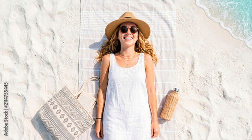 Woman in White Dress Relaxing on a Sandy Beach During Summer Vacation