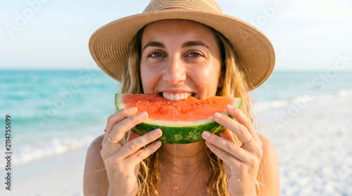 Happy Woman Eating Fresh Watermelon on a Sunny Beach During Summer Vacation