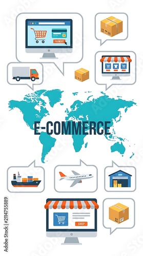 E-commerce global logistics concept, worldwide online shopping network, international shipping and digital retail supply chain flat illustration