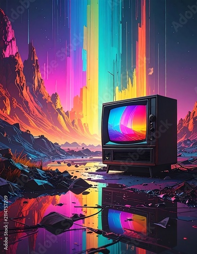 A retro television sits amidst a vibrant, surreal landscape with a rainbow-colored screen reflecting on water