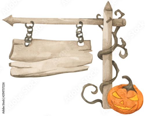 Halloween wooden sign board, spooky wood signpost. Watercolor illustration.