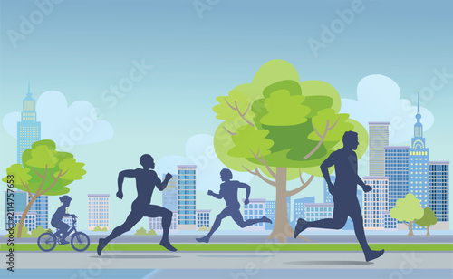 Young man jogging in the park of City. Flat illustration
