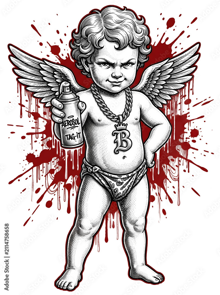 Obraz premium Rebellious cupid cherub spray graffiti tattoo splatter on transparent background apparel print brings edgy urban street art vibes with red paint drips for alternative clothing brands.