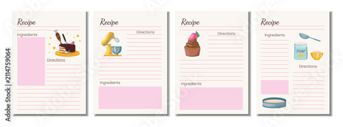 Foto Hand drawn printable recipe template set with cake, cupcake, stand mixer and baking ingredients