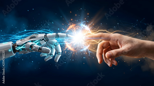 Robotic cyborg hand touching human finger with glowing electric energy spark artificial intelligence connection futuristic technology concept 3D render background illustration