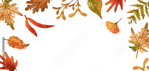 Autumn banner design with dry red and yellow flying leaves. Thanksgiving poster with hand drawn elements