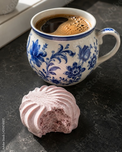 Freshly brewed black coffee served in a blue floral ceramic mug alongside a bitten strawberry marshmallow on a dark stone countertop.