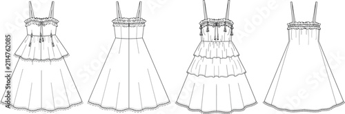 Technical line art women summer dress featuring ruffled details and tiered skirts for apparel manufacturing vector flat sketch illustration