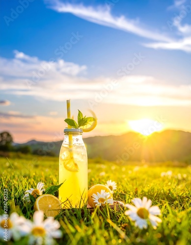 A refreshing drink in a glass bottle with a straw and mint leaves sits on grass surrounded by white flowers and slices of lemon during a beautiful sunset
