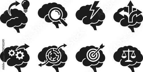 Brain icons collection with creativity, analysis, problem solving, focus, balance, and strategic thinking concepts vector