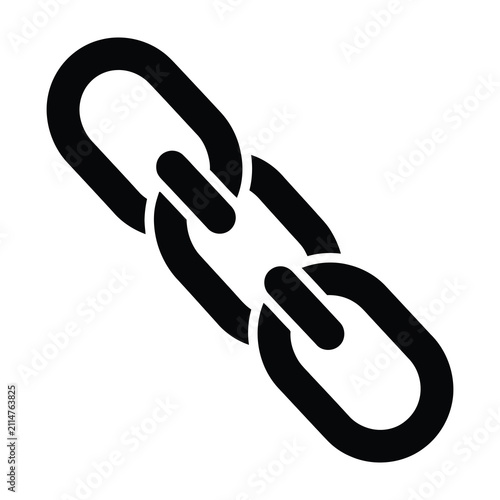 Simple black chain link icon on white background. Symbol of connection, link, attachment, bond, and security.