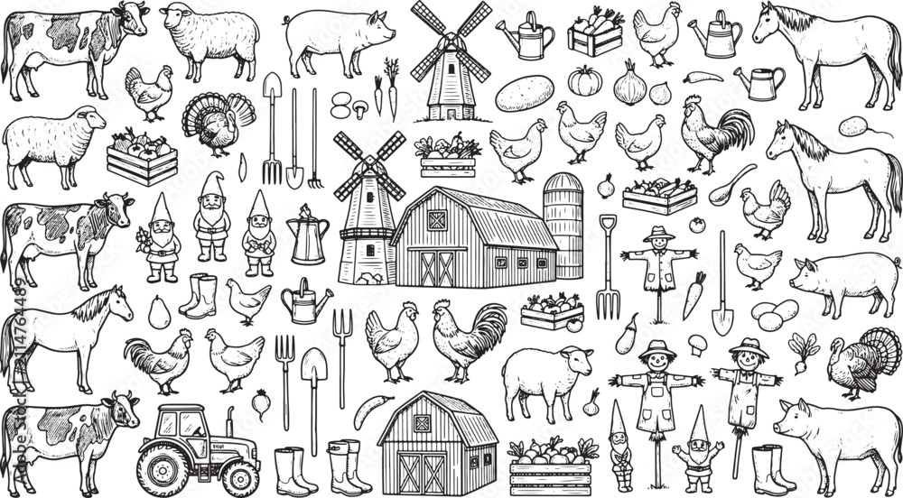 Fototapeta premium Hand drawn farm elements collection featuring livestock animals buildings tools and garden accessories in sketch style vector