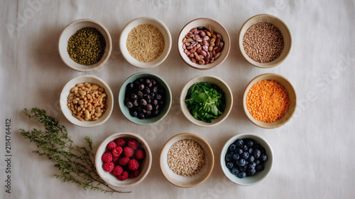 Assorted healthy ingredients, including lentils, grains, berries, and herbs, beautifully arranged in ceramic bowls on a textured tablecloth. Top view, balanced diet concept.