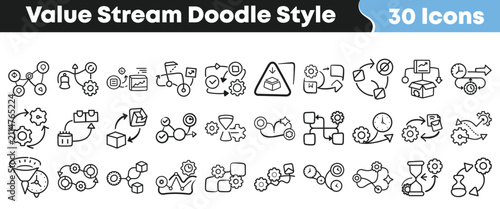 Value stream mapping doodle icons set for business process optimization