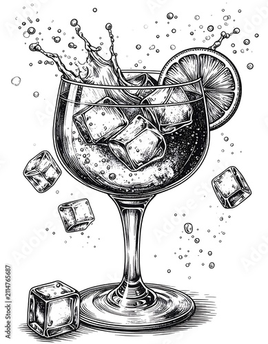 A refreshing drink in a wine glass with ice cubes and a lemon slice